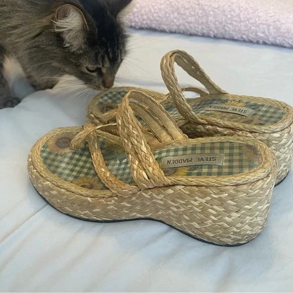 Y2K Steve Madden Chunky Platform Heels Sandals Woven Natural Fiber 6.5 - Picture 4 of 9